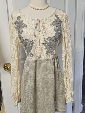 Rye Cream Lace Long-Sleeve Dress with Gray Appliqué